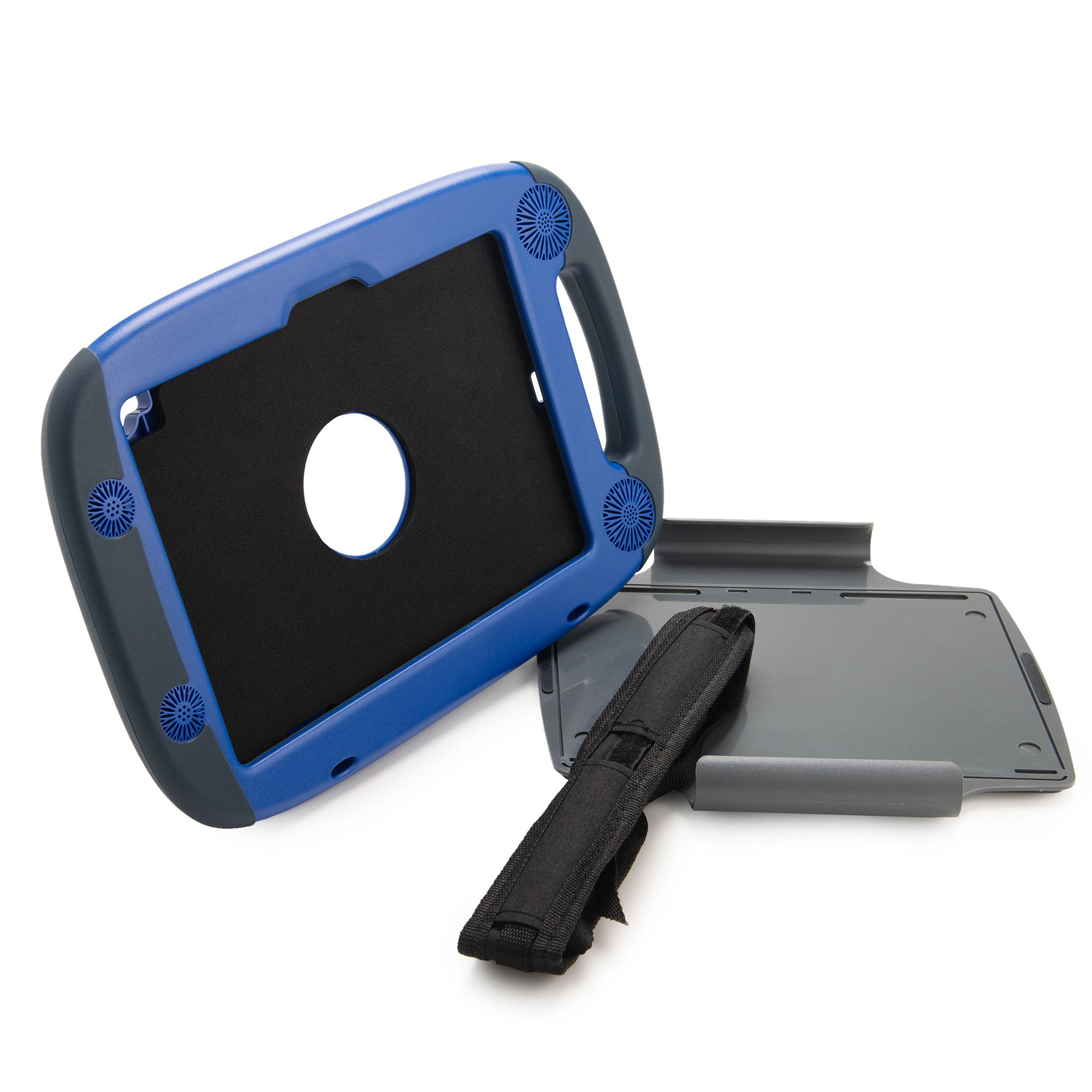 The Attainment GoNow Package (for iPad A16/10th/11th Gen, iPad Air 11-inch M2/M3/M4) is a blue and black rugged case with built-in handles, stand, carrying strap, circular cutout, and textured grip areas for secure handling.