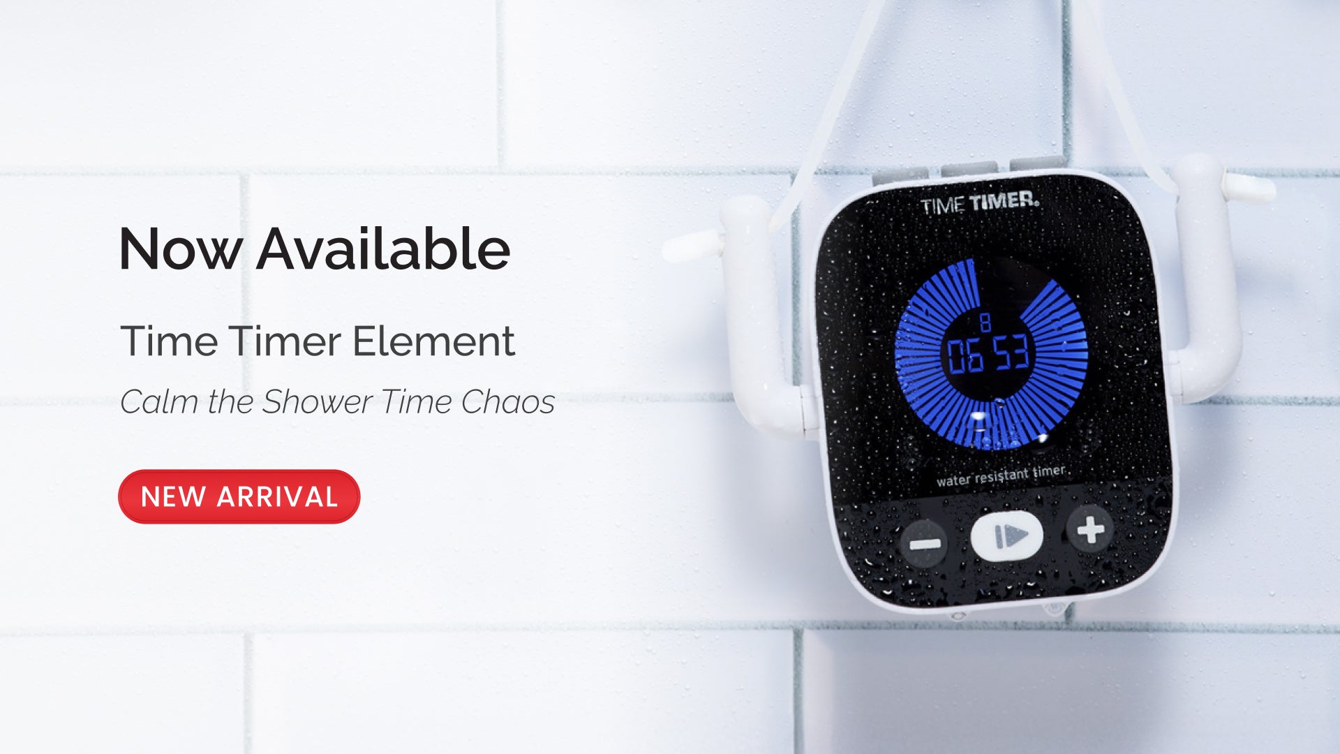 Time Timer Element shower timer with digital display on a tiled wall, featuring the brand name 'Time Timer'.