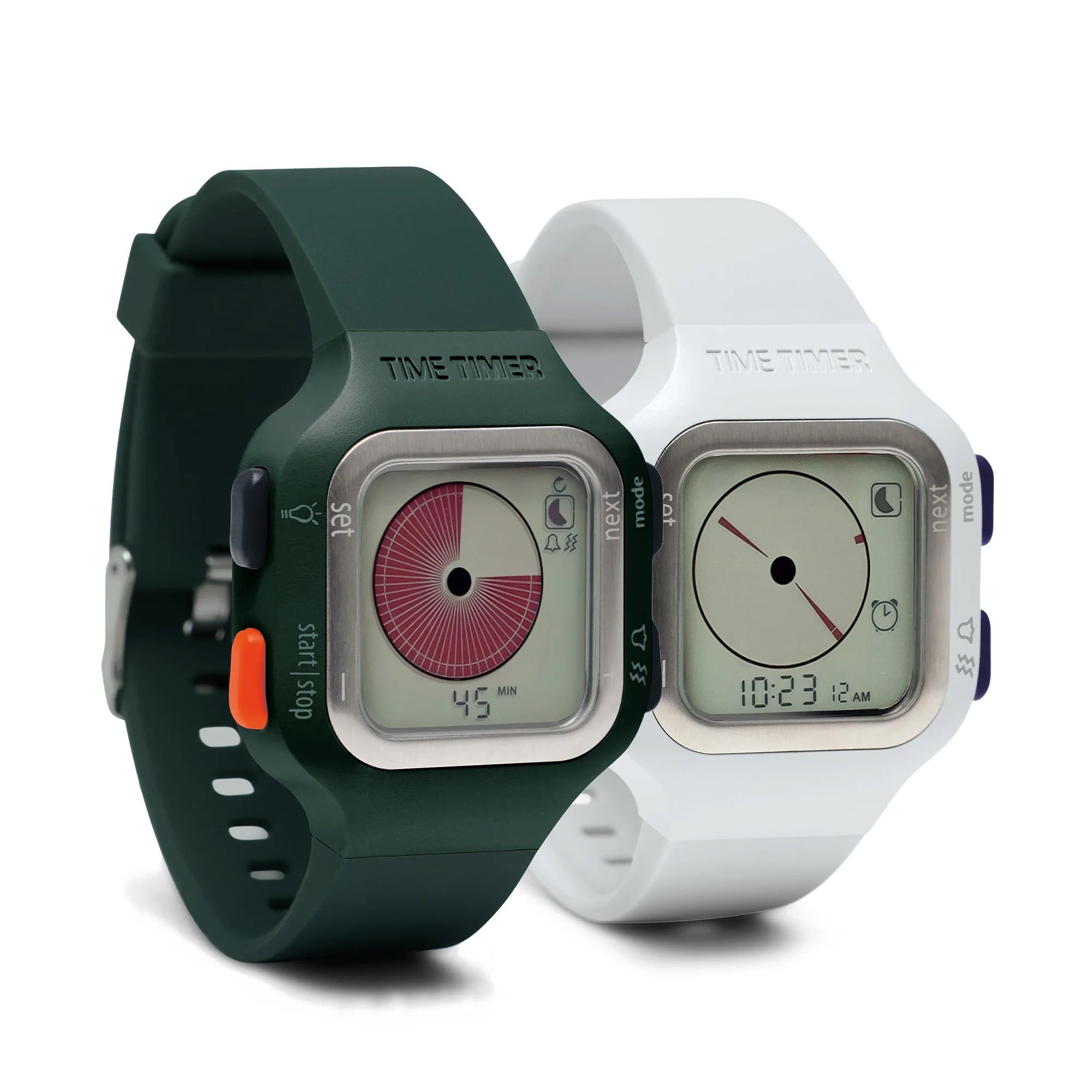 Two Time Timer Watch (Large/Adult) models by Time Timer are side by side. One, with a dark green band, displays a circular timer; the other, with a white band, shows the current time. Both have square faces and similar button layouts.