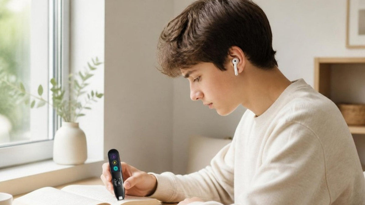 Student with wireless earbuds using a C-Pen Reader 3
