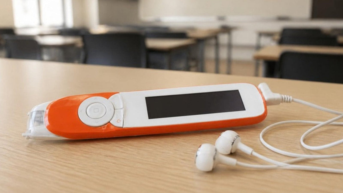 C-Pen Exam Reader 2 and earphones on an exam desk