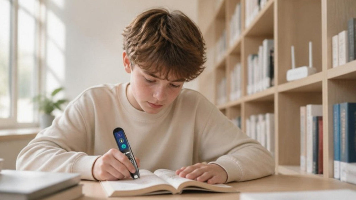 Student using a C-Pen Reader 3 in a school library