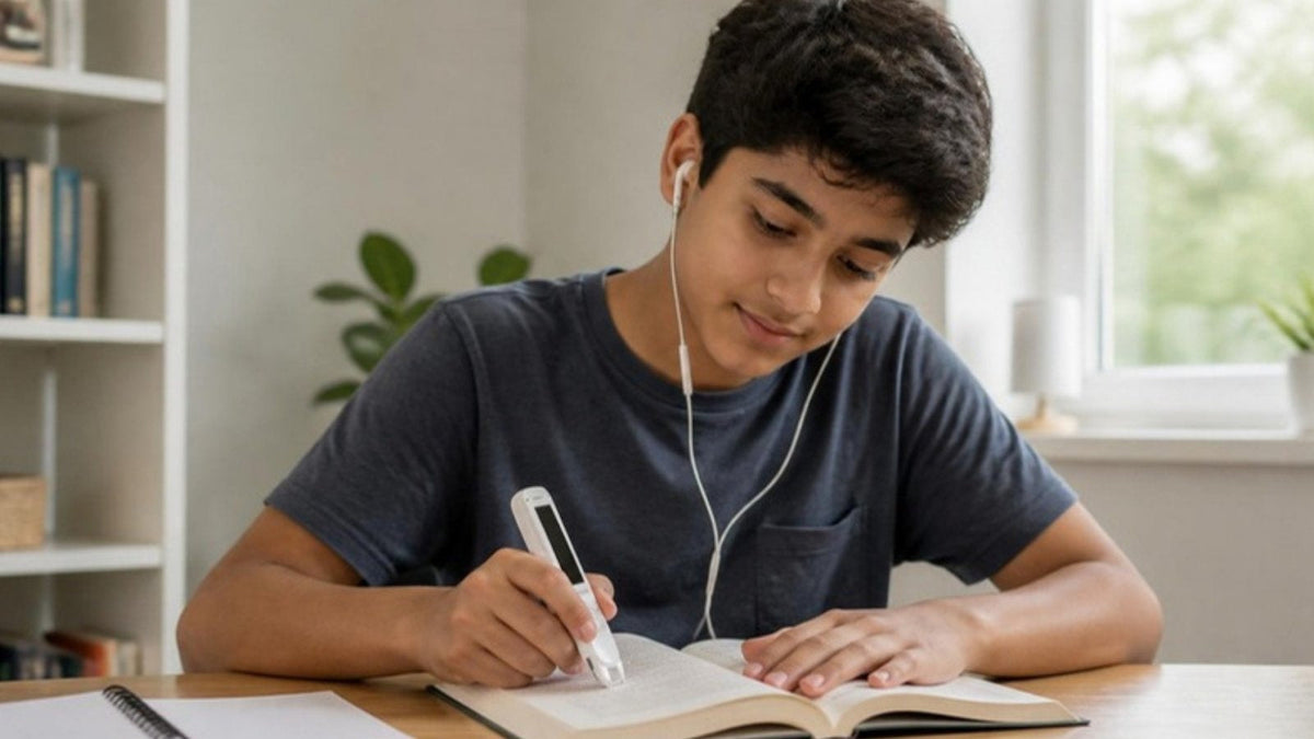 Student with earphones reading with a C-Pen Reader 2