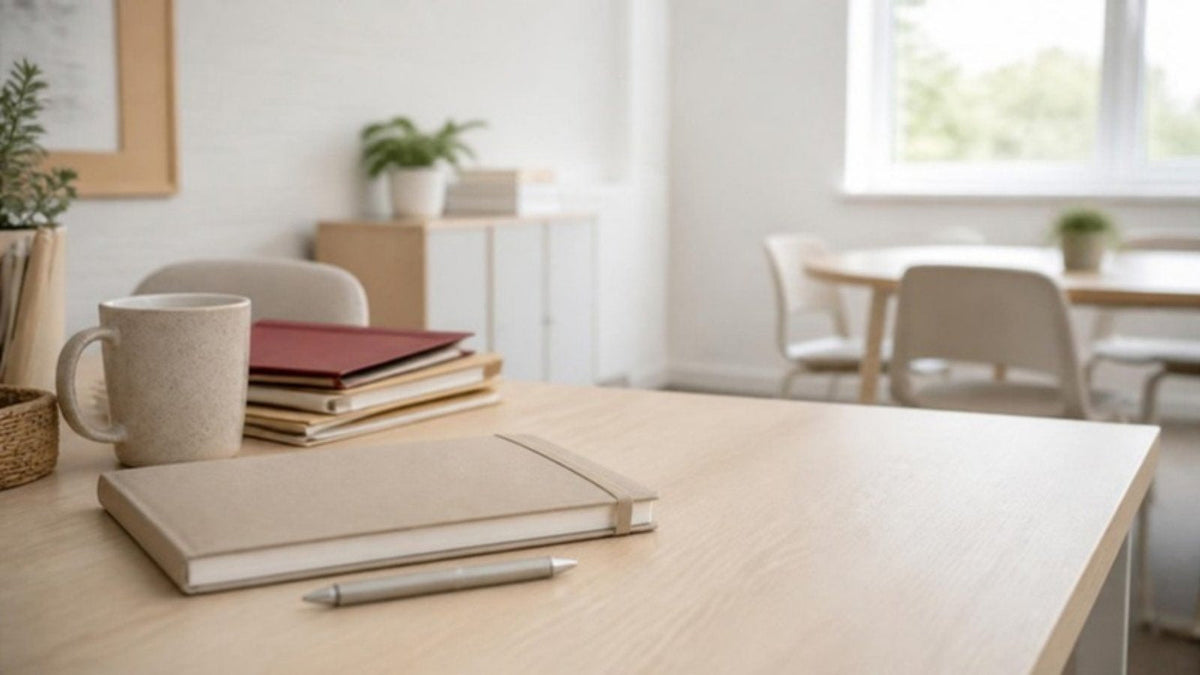 School staff room desk with a planner, folders and a mug