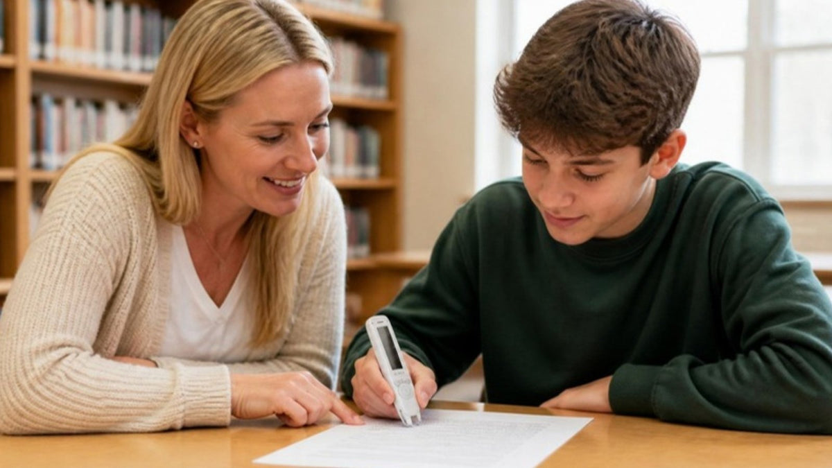 Teacher and student reading with a C-Pen Reader 2
