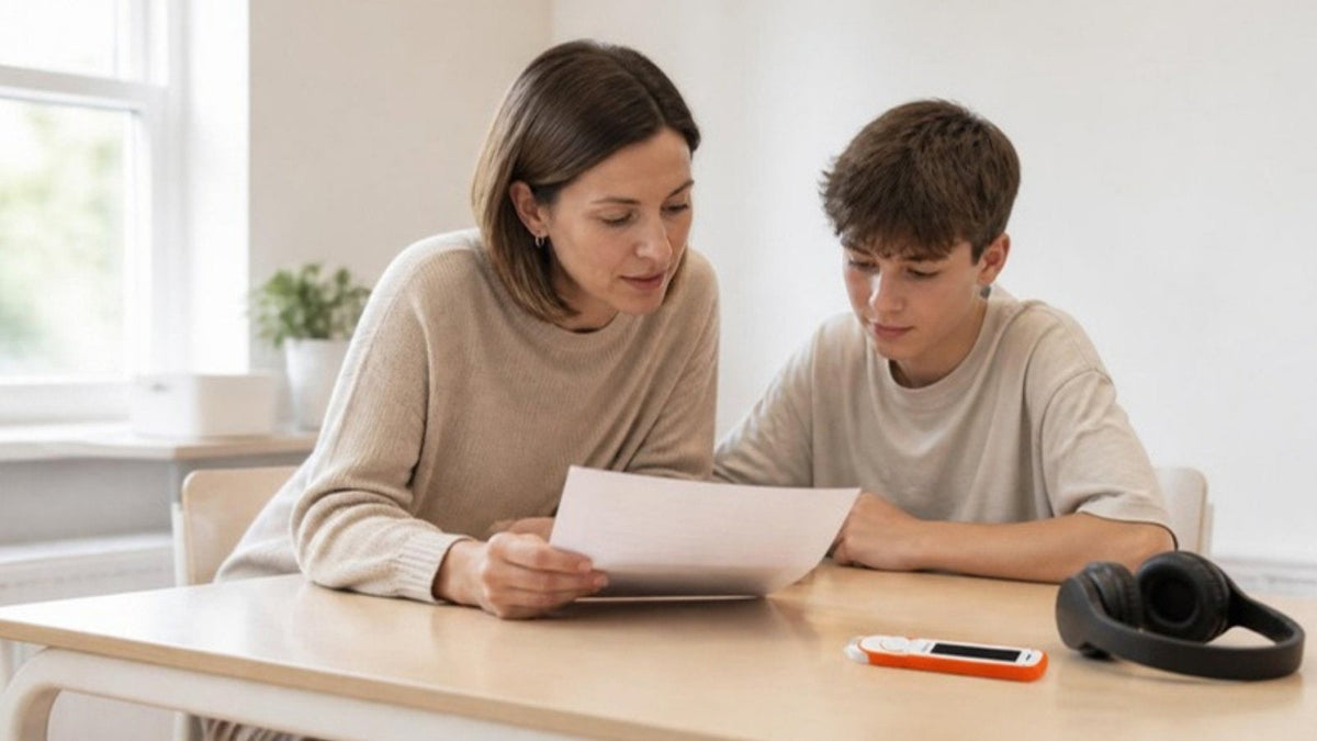 Adult reader beside a student with a C-Pen Exam Reader 2 on the desk