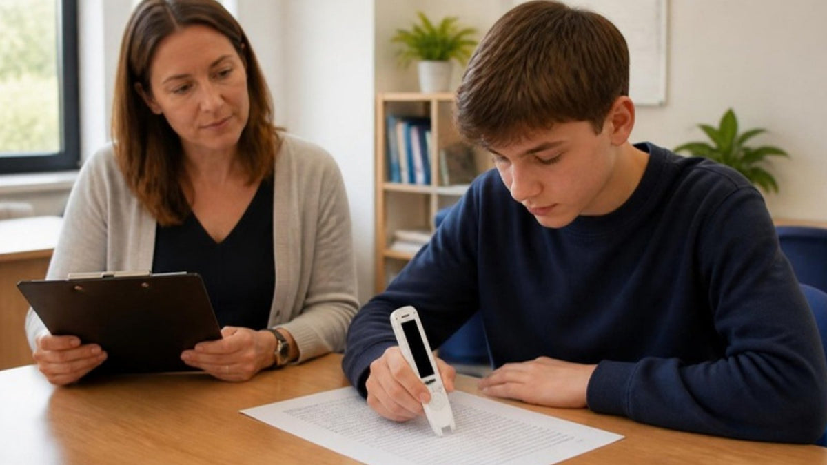 Teacher observing a student trial a C-Pen Reader 2