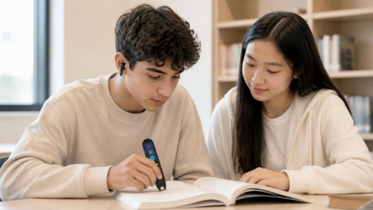 Two students reading, one using a C-Pen Reader 3