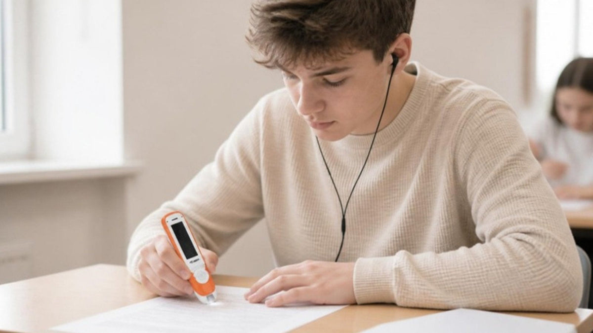Student using a C-Pen Exam Reader 2 in an exam