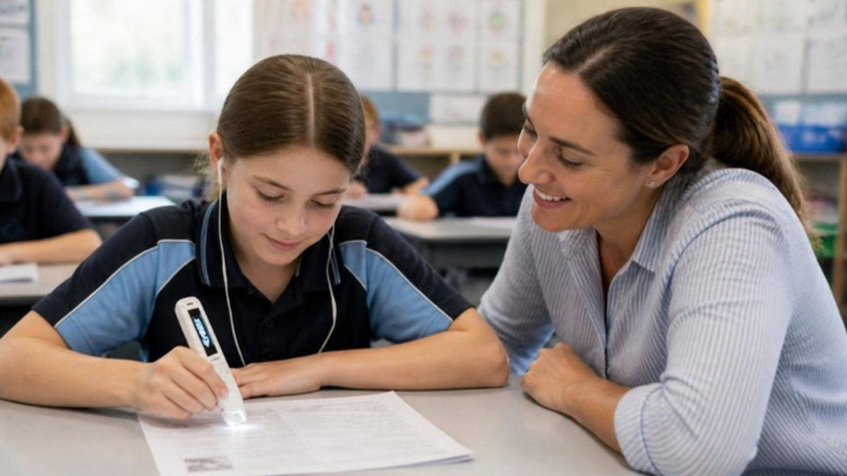 Student using a C-Pen Reader 2 in class with a teacher