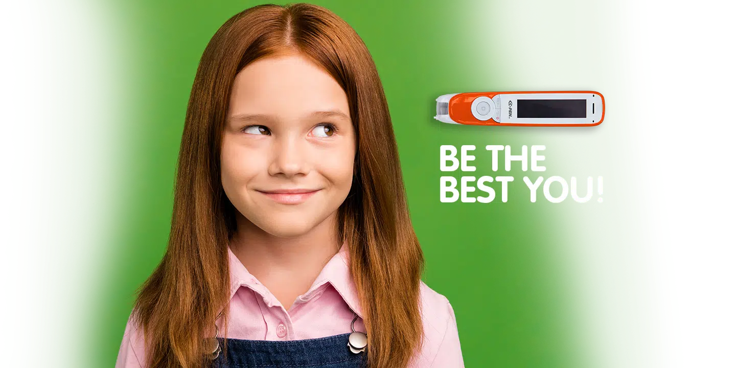 A smiling girl with long red hair stands in front of a green background next to a medical device and text that reads “BE THE BEST YOU!”.