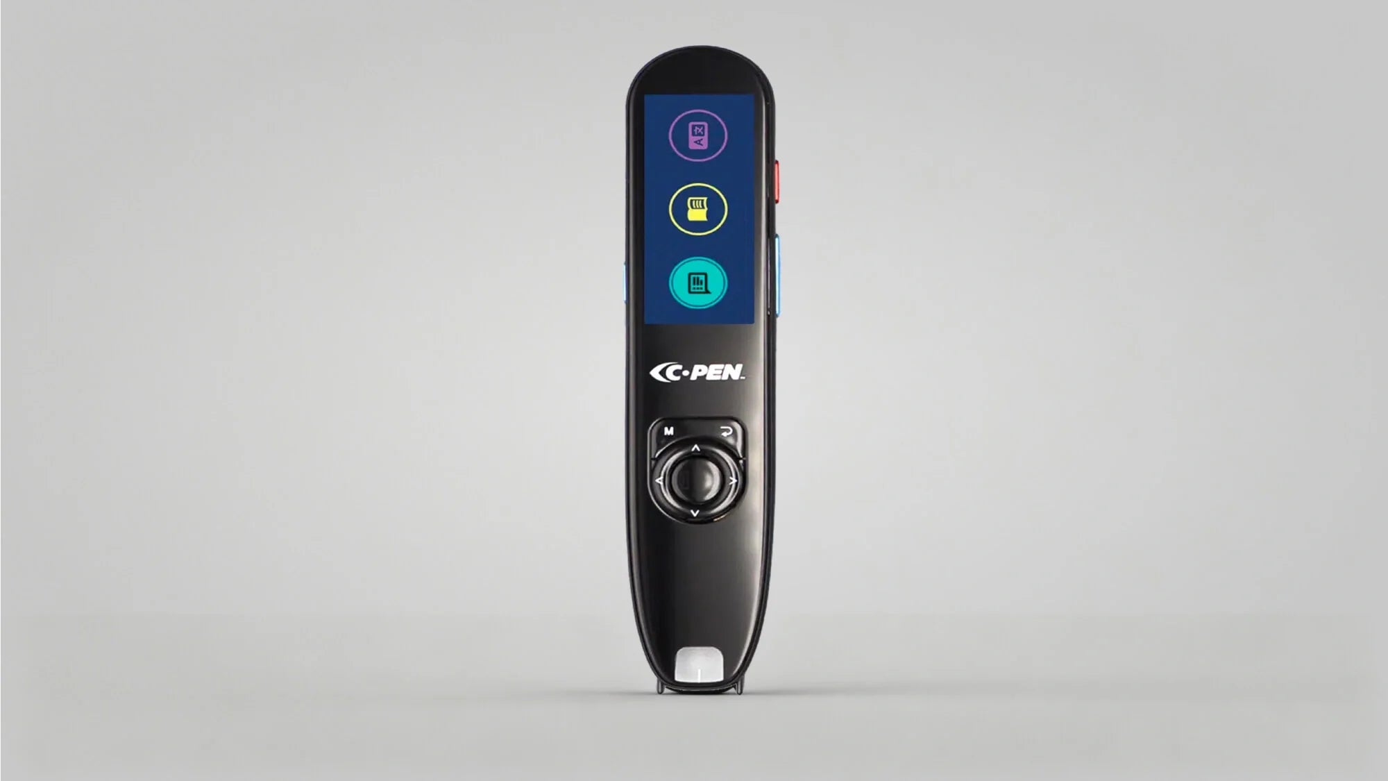 A black C-Pen electronic scanning pen stands upright on a plain surface, displaying a screen with three colorful icons and navigation buttons below.