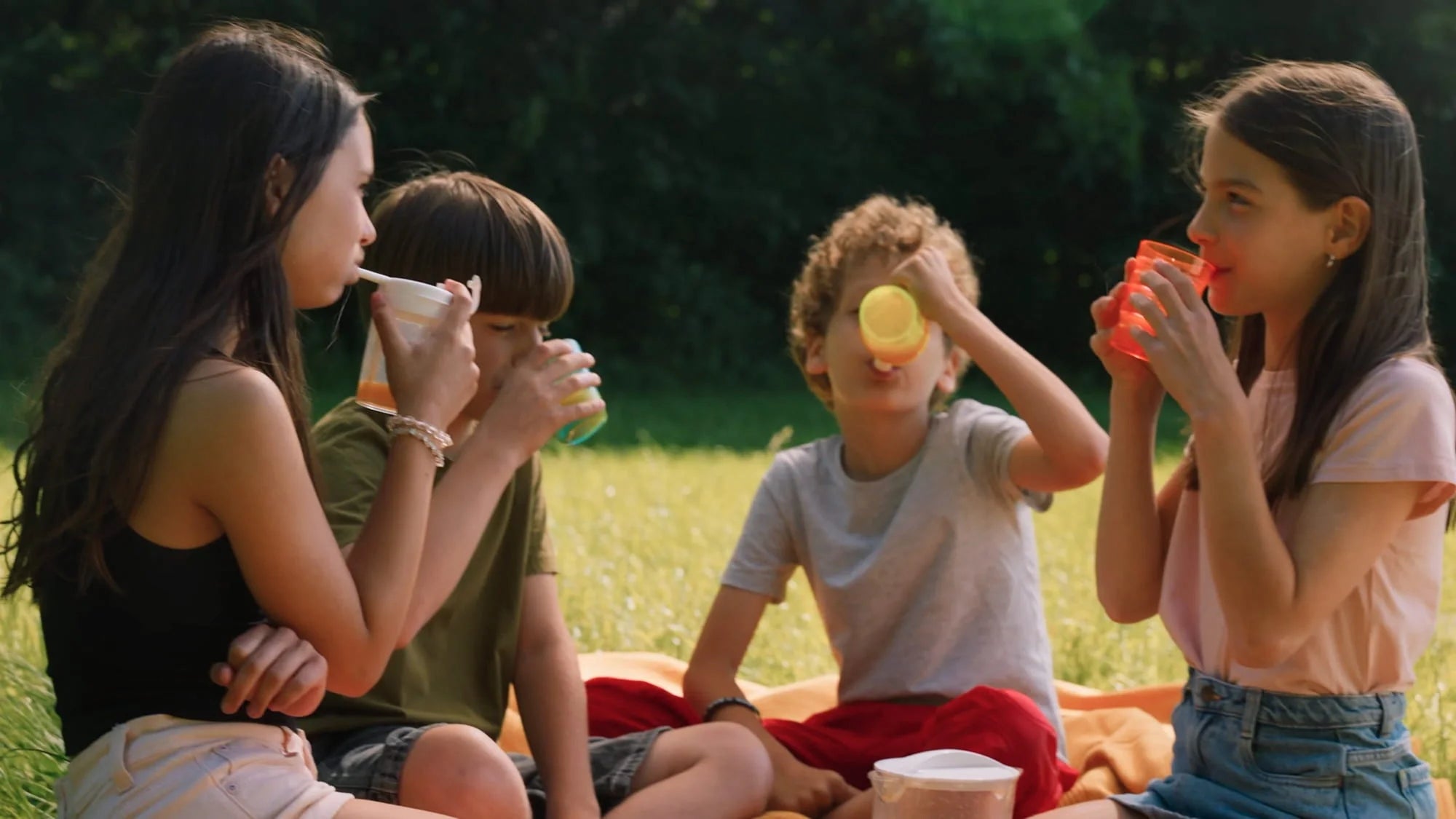Four children sitting on a blanket in a grassy field, enjoying drinks from colorful cups on a sunny day. Trees and greenery are visible in the background.