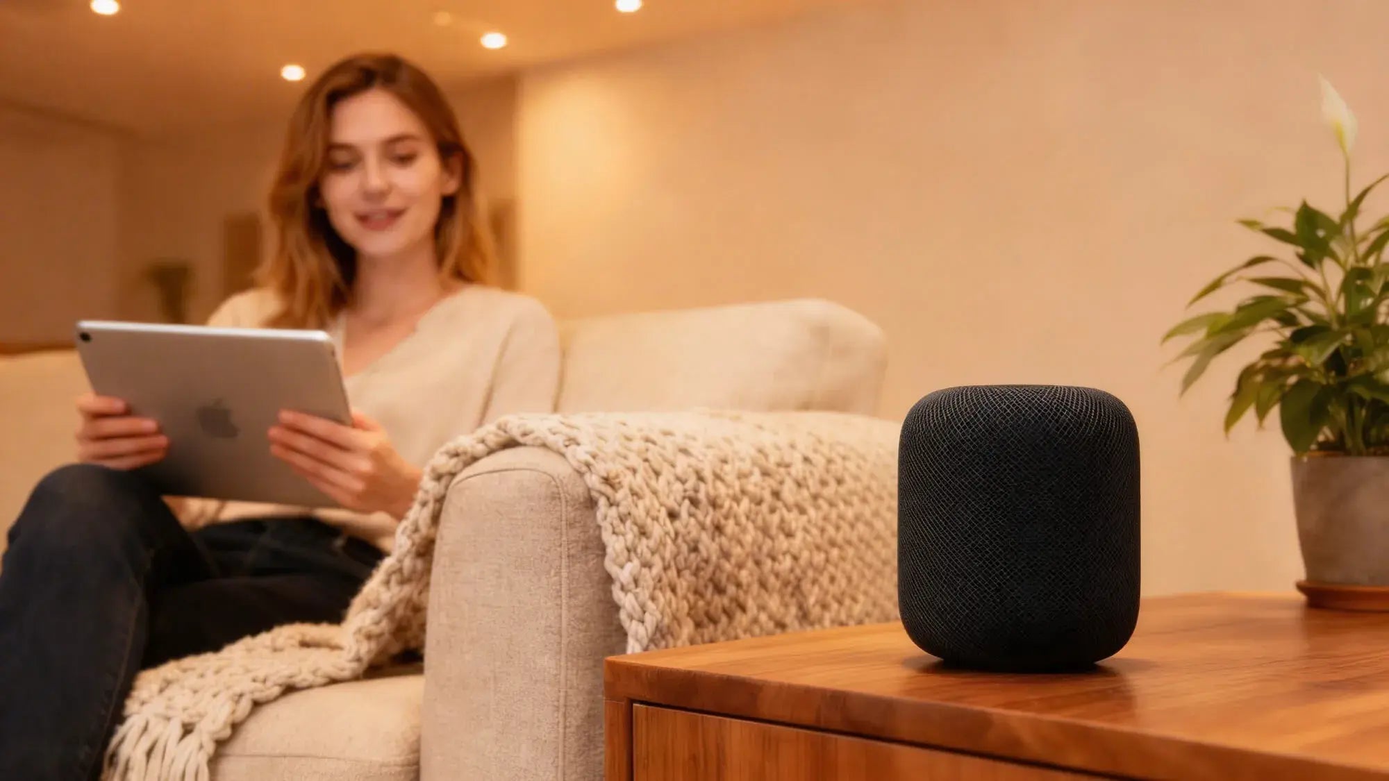 A woman sitting on a sofa holds a tablet, with a smart speaker on a wooden table in the foreground and a potted plant nearby in a cozy, softly lit living room.