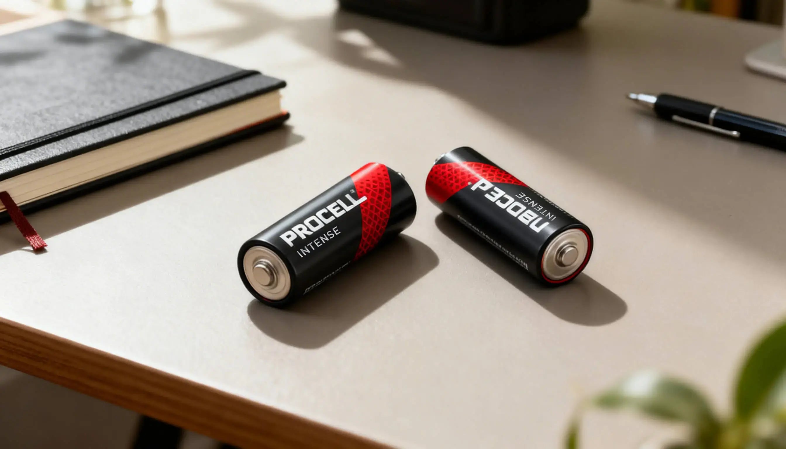 Two Procell Intense D batteries lie on a light-colored desk near a closed notebook and a pen, with sunlight casting soft shadows across the surface.