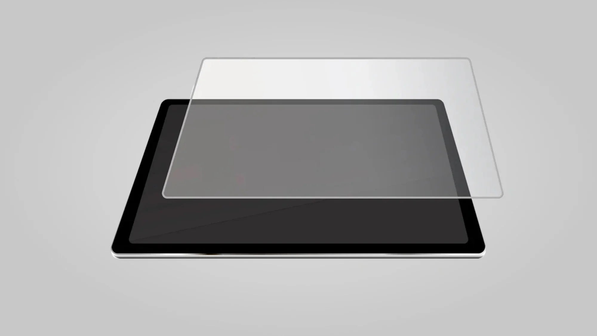 A transparent screen protector is positioned above a black tablet on a gray background, showing it ready to be applied to the device’s display.