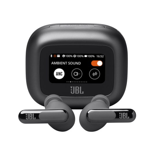 A pair of black JBL Live Beam 3 In-Ear Headphones with Noise Cancellation sit before their charging case, which features a color display showing battery levels, time, and ambient sound controls. Brand: JBL.