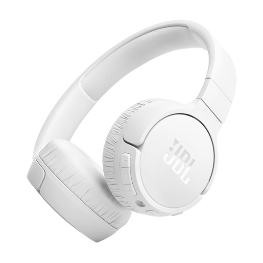 The JBL Tune 670 Noise Cancelling On-Ear Headphones in white by JBL feature wireless connectivity and control buttons on the left earcup, displayed against a plain light gray background.