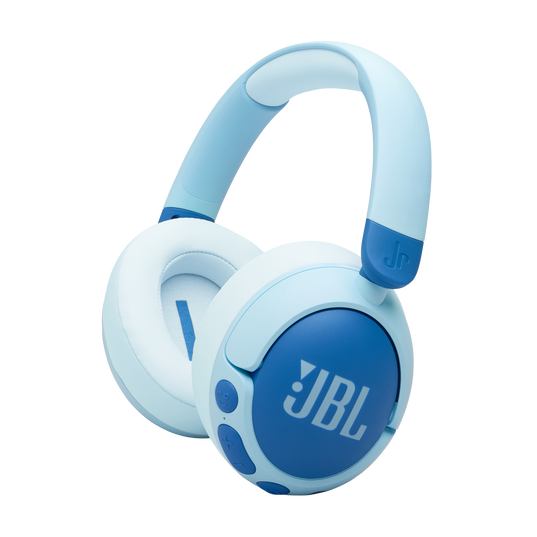 The JBL Junior 470 Noise Cancelling Headphones (Over-Ear) [Blue] by JBL, shown on a white background, feature cushioned ear pads and a padded headband—ideal wireless headphones for kids.