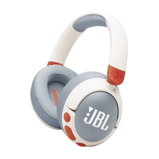 The JBL Junior 470 Noise Cancelling Over-Ear Headphones for kids feature a white finish with light blue and orange accents, shown against a plain white background.