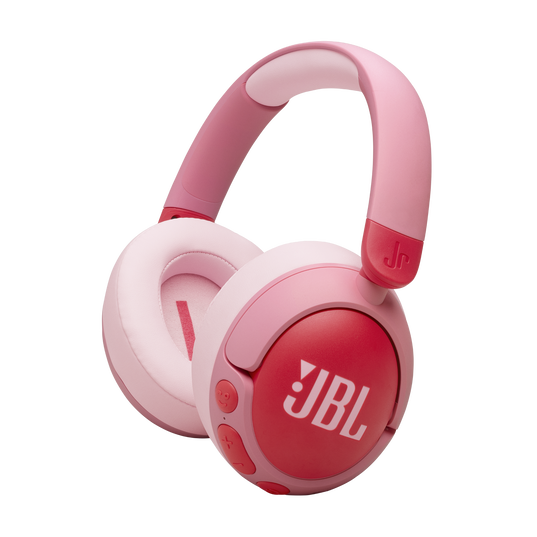 The JBL Junior 470 Noise Cancelling Headphones (Over-Ear) in pink by JBL feature cushioned ear pads and headband, with the logo visible on the ear cup. Shown on a white background, these stylish headphones are perfect for kids’ comfort.