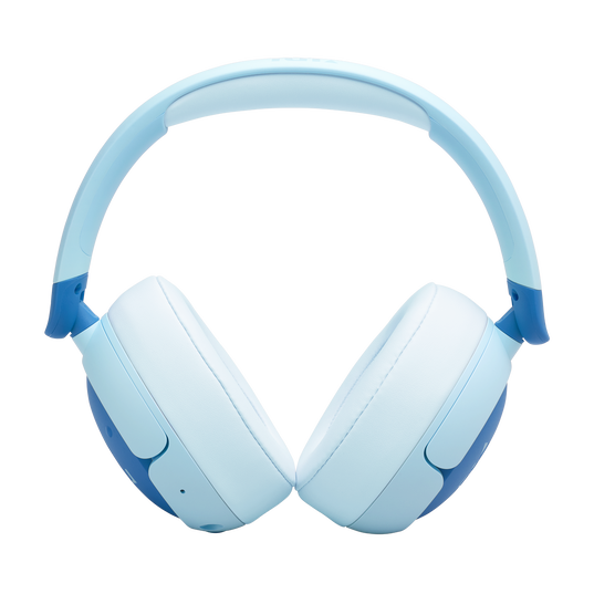 The JBL Junior 470 Noise Cancelling Headphones (Over-Ear) [Blue] by JBL feature cushioned ear pads and an adjustable headband for kids' comfort, shown in light blue and white against a plain white background.