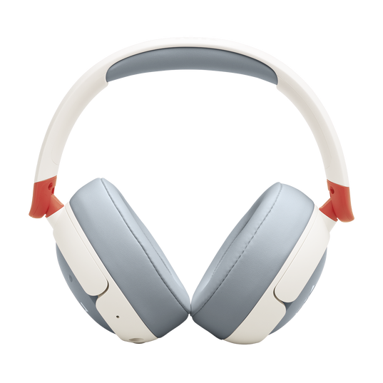 The JBL Junior 470 Noise Cancelling Over-Ear Headphones by JBL are shown in white with light gray cushioned ear pads, a gray headband cushion, and red accents near the hinges against a plain white background.