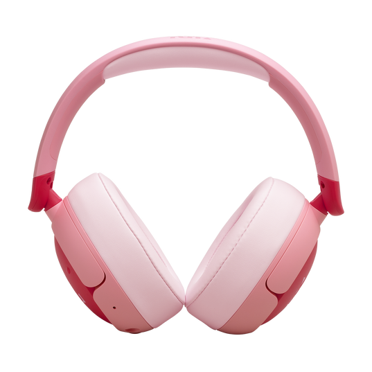 The JBL Junior 470 Noise Cancelling Headphones (Over-Ear) [Pink] by JBL feature wireless connectivity, cushioned ear pads, and a padded headband for comfort—ideal for kids. Shown in various pink shades against a white background.