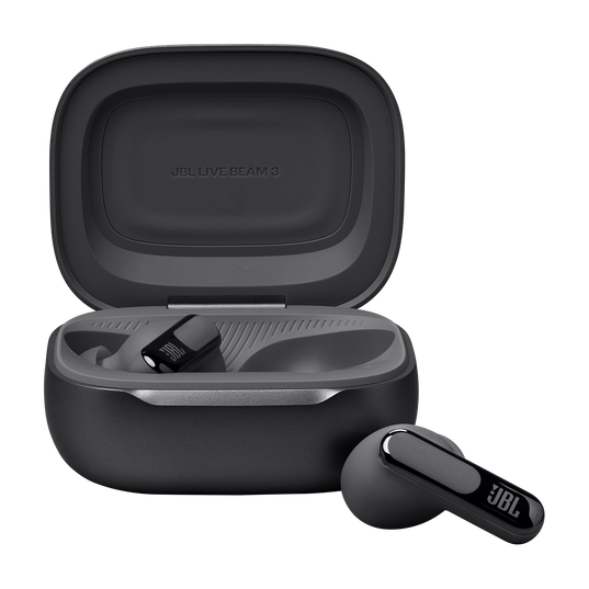 A pair of black JBL Live Beam 3 Headphones with Noise Cancellation (In-Ear) by JBL; one earbud sits in the open case labeled "JBL LIVE BEAM 3," and the other rests in front, showcasing true wireless, premium sound.