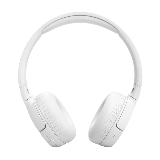 A pair of white JBL Tune 670 Noise Cancelling On-Ear Headphones by JBL, featuring cushioned ear pads and a smooth headband, displayed against a plain light background.