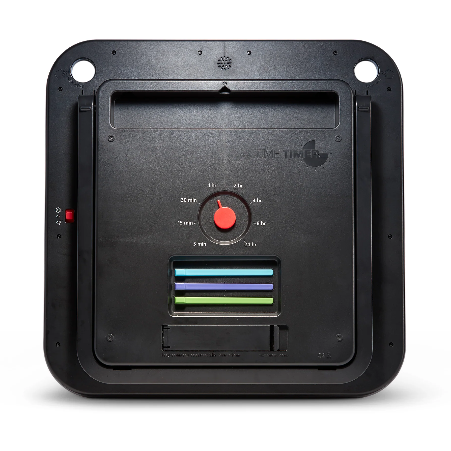 The Time Timer MAX by Time Timer is a black, square visual timer featuring a central red dial with 5-minute to 24-hour intervals and four color-coded bars below—perfect for classrooms or as a versatile timing solution.