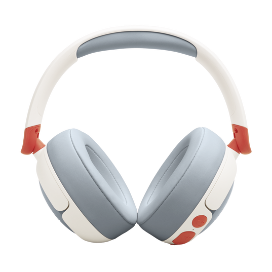 The JBL Junior 470 Noise Cancelling Headphones (Over-Ear) [White] by JBL feature padded light blue ear cups, a white headband with blue cushioning, and red accents—kids-safe headphones shown on a plain white background.