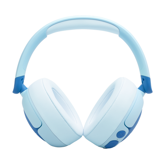 The JBL Junior 470 Noise Cancelling Headphones (Over-Ear) by JBL, shown in blue with padded ear cups, headband, and side control buttons, are comfortable wireless headphones for kids against a plain white background.