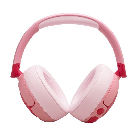 The pink JBL Junior 470 Noise Cancelling Over-Ear Headphones feature cushioned ear pads and side buttons, shown against a white background.