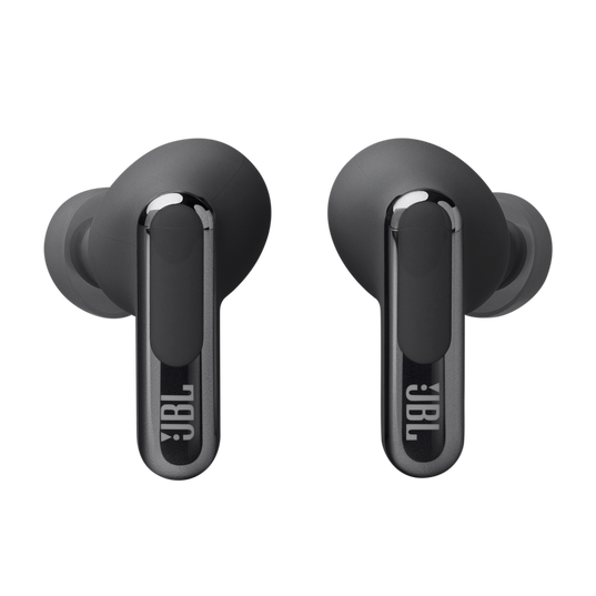 A pair of black JBL Live Beam 3 Headphones with Noise Cancellation (In-Ear) by JBL, featuring glossy cylindrical stems with the JBL logo and silicone ear tips, shown on a white background.
