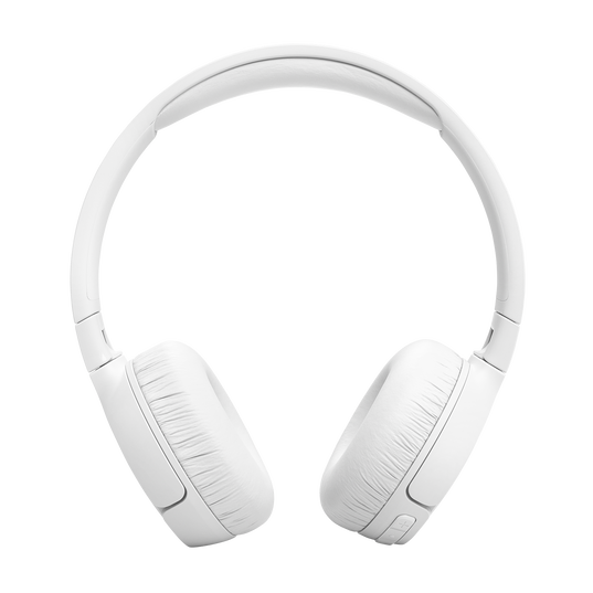 The white JBL Tune 670 Noise Cancelling On-Ear Headphones feature adaptive noise cancelling, cushioned ear pads, and a padded headband, shown against a plain white background.