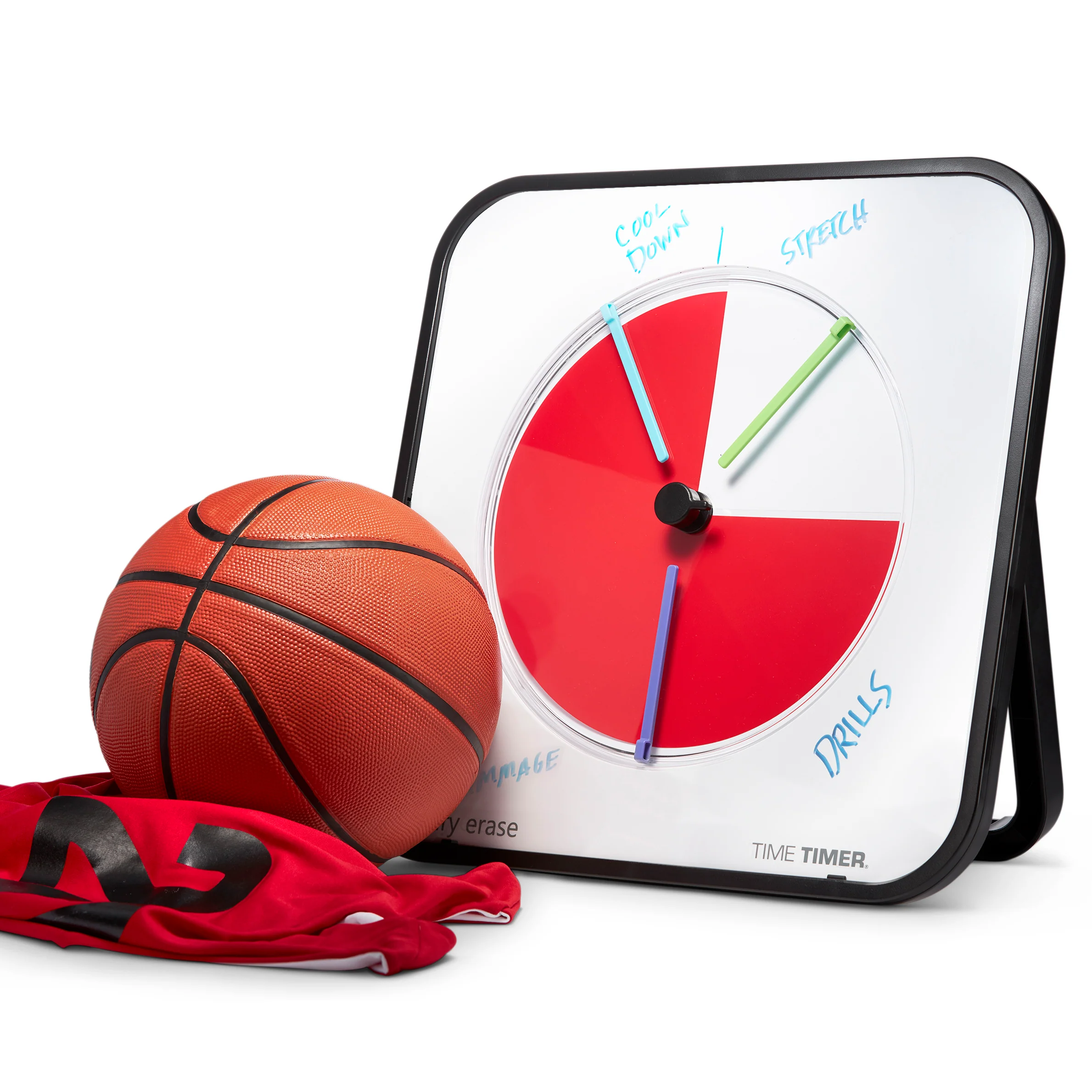 A basketball, a red #2 jersey, and the Time Timer MAX by Time Timer—a large visual timer with colored sections for Cool Down, Stretch, Drills, and Warm-Up—are displayed together.