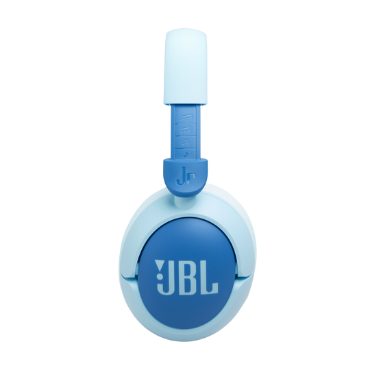 A single blue JBL Junior 470 Noise Cancelling Over-Ear Headphone is displayed against a light gray background, featuring the prominent JBL logo on the ear cup.
