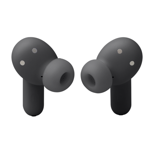 A pair of JBL Live Beam 3 Headphones with Noise Cancellation (In-Ear) [Black] by JBL, featuring silicone ear tips, are positioned facing forward on a plain white background.