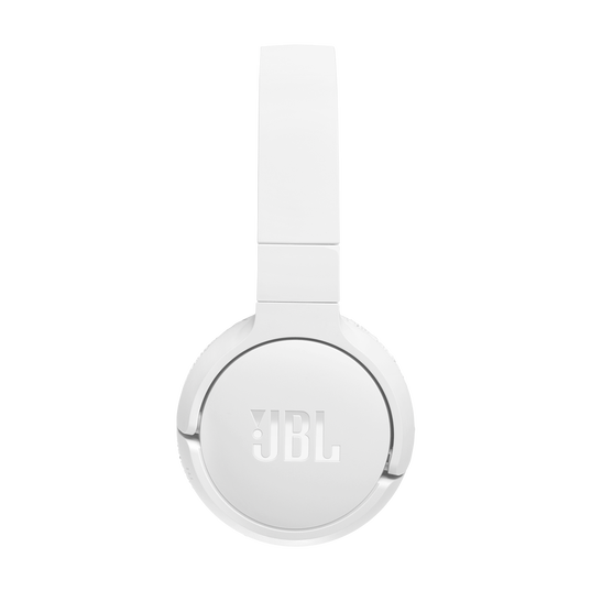 The JBL Tune 670 Noise Cancelling On-Ear Headphones in white are shown from the side, featuring the JBL logo on the ear cup against a plain white background.