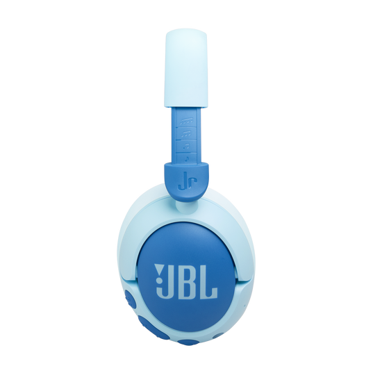 The JBL Junior 470 Noise Cancelling Over-Ear Headphones for kids, shown in blue with visible JBL logo and adjustable headband, are pictured from the side against a plain white background.