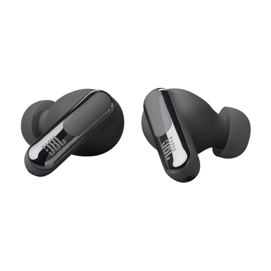 The JBL Live Beam 3 Headphones with Noise Cancellation (In-Ear) [Black] by JBL are shown with a glossy finish and in-ear tips, featuring the JBL logo on each earbud against a plain white background.