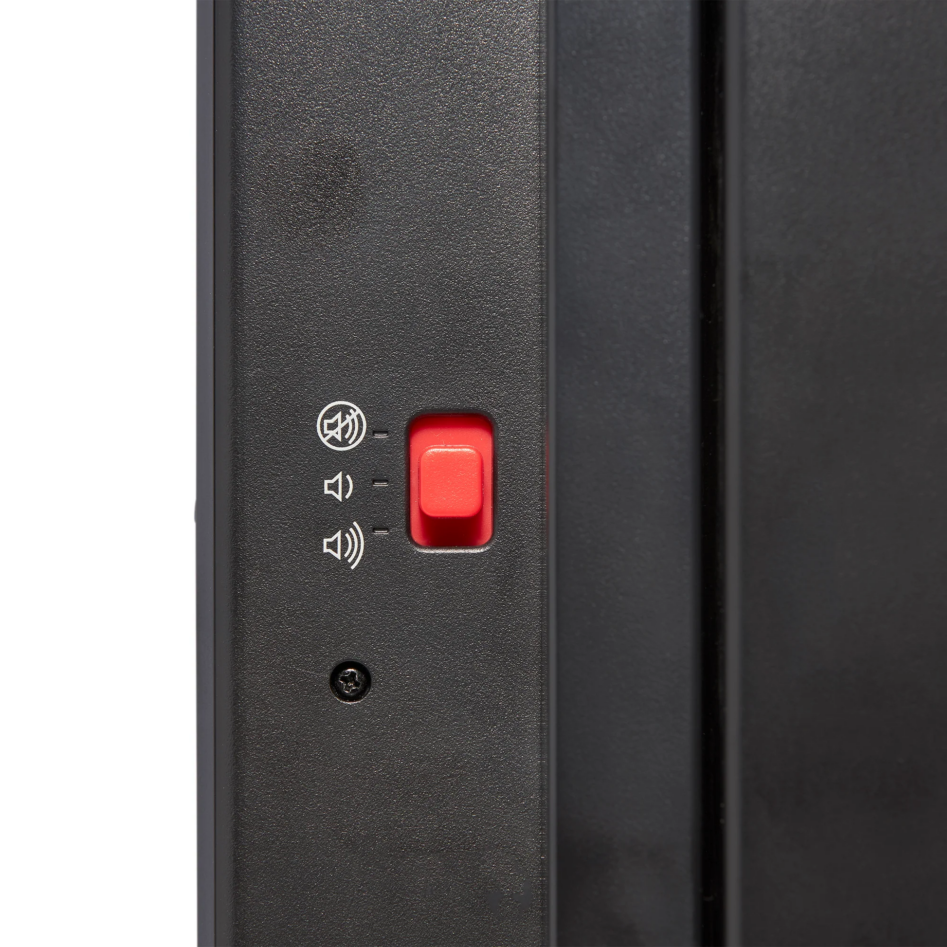 Close-up of a Time Timer MAX by Time Timer, a black visual timer with a red sliding switch beside three speaker icons for volume control or mute; the switch is set to mute.