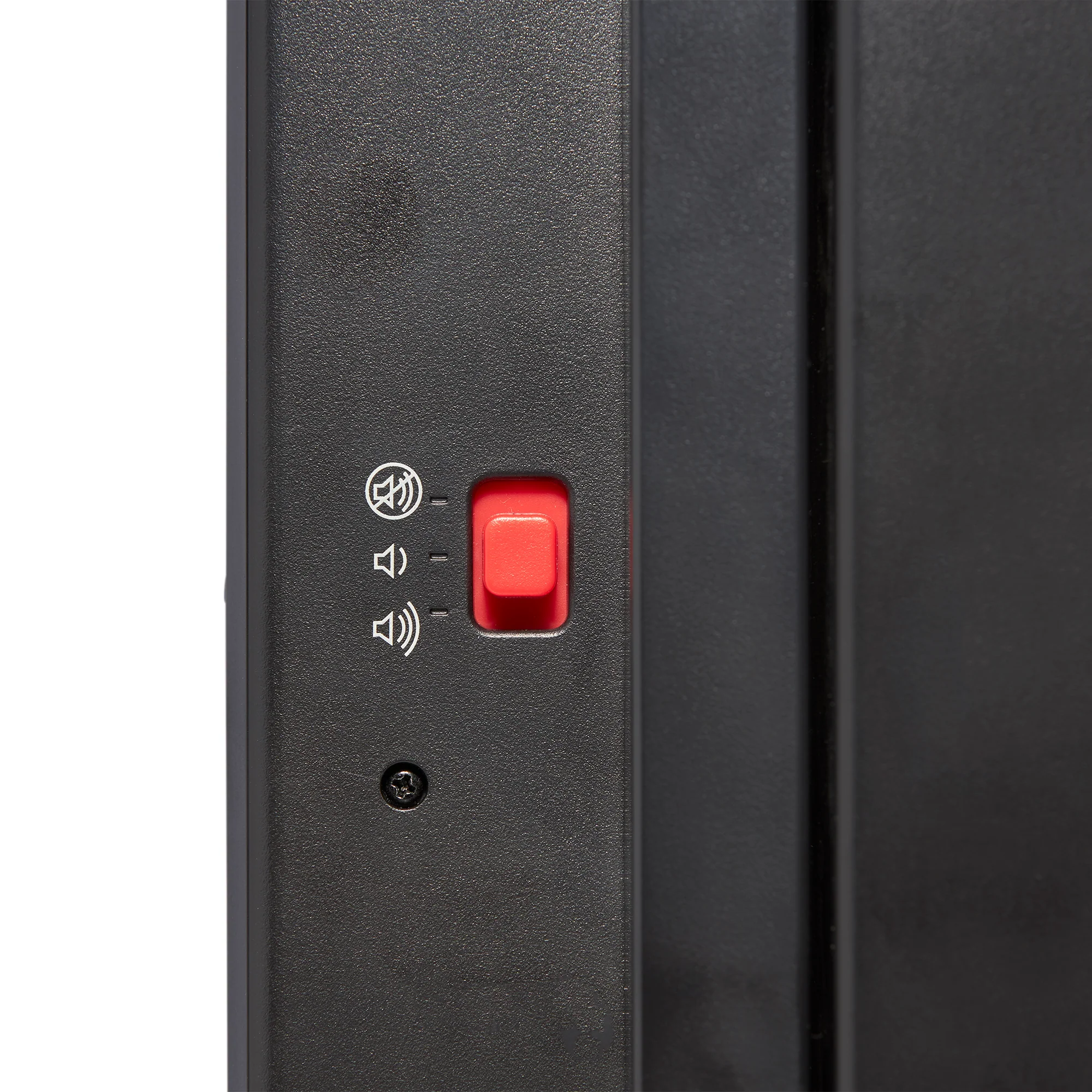 Close-up of a Time Timer MAX by Time Timer, a black visual timer with a red sliding switch beside three speaker icons for volume control or mute; the switch is set to mute.