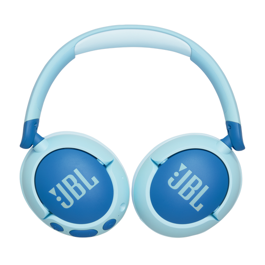 JBL Junior 470 Noise Cancelling Over-Ear Headphones in blue, featuring padded ear cups and headband, shown from above on a white background.