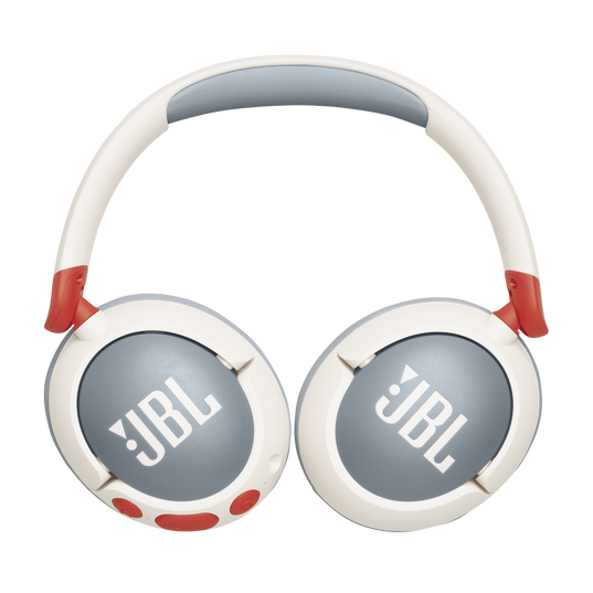 The JBL Junior 470 Noise Cancelling Headphones (Over-Ear) [White] by JBL are wireless, designed for kids’ comfort and safe listening, featuring white and gray ear cups with red accents and the JBL logo.