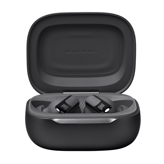 A pair of black JBL Live Beam 3 Headphones with Noise Cancellation (In-Ear) rest in an open charging case, viewed from the front against a plain light gray background.