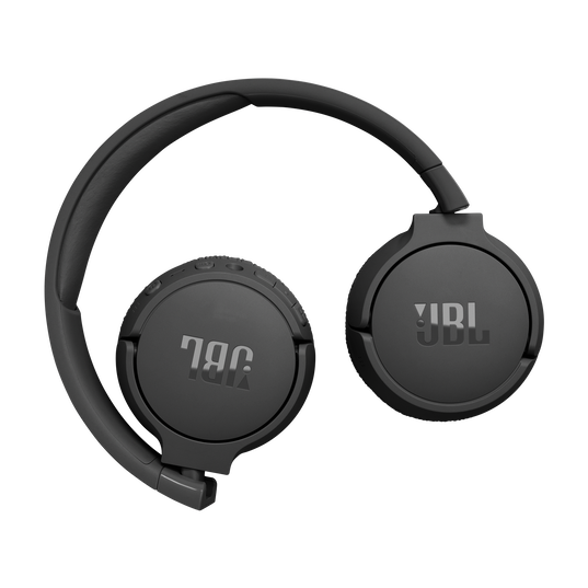 The JBL Tune 670 Noise Cancelling Headphones (On-Ear) [Black] by JBL are shown with the ear cups folded inward, featuring visible JBL logos on both soft, circular ear cups and a curved headband set against a white background.