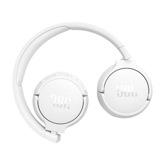 White JBL Tune 670 Noise Cancelling On-Ear Headphones by JBL, with a folding design and the JBL logo on each ear cup, shown against a plain light grey background.