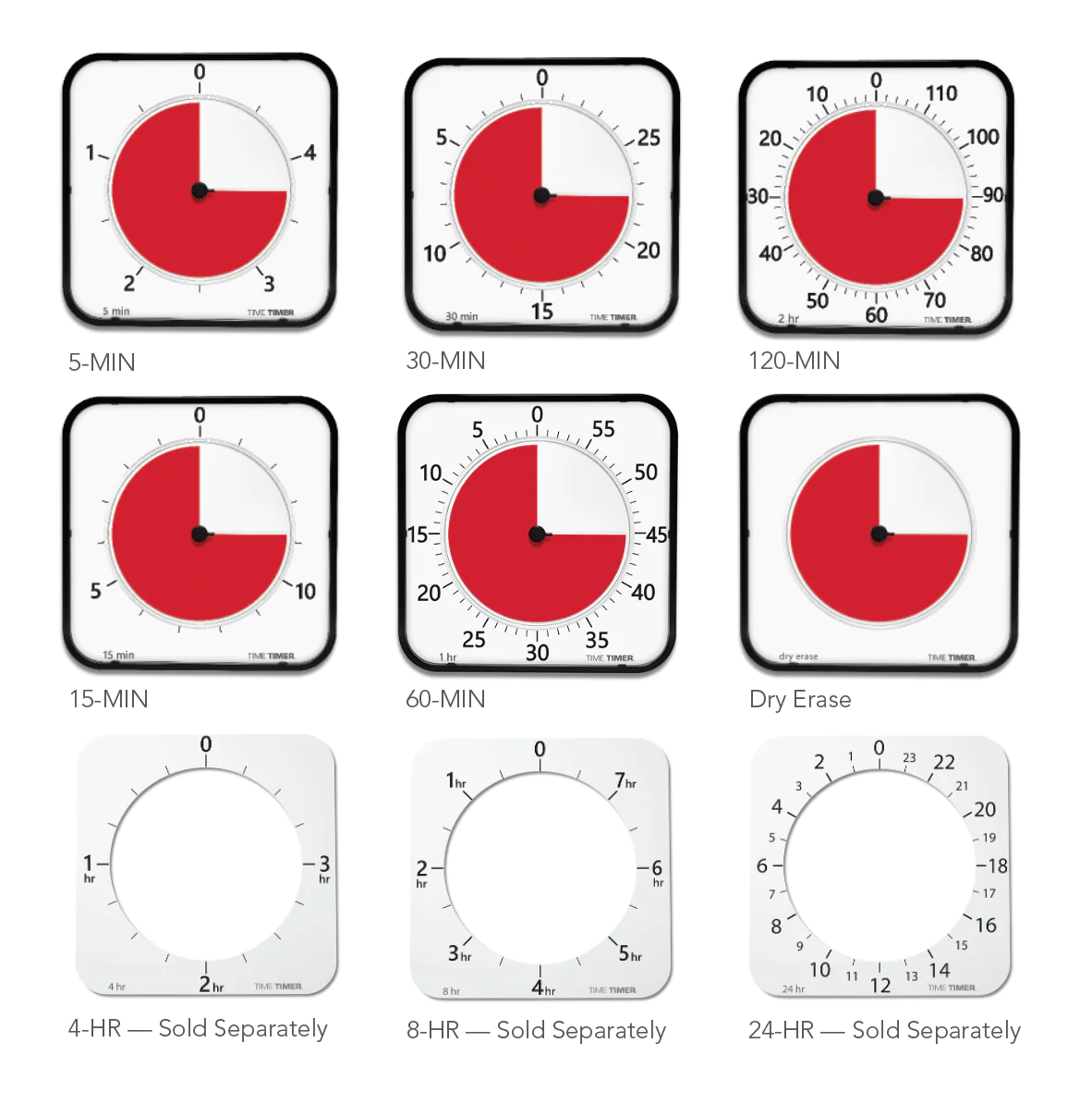 The Time Timer MAX by Time Timer features nine square timer faces, including 5, 15, 30, 60, and 120-minute countdowns, a dry erase face, and blank faces—making it the perfect large visual timer for classrooms.